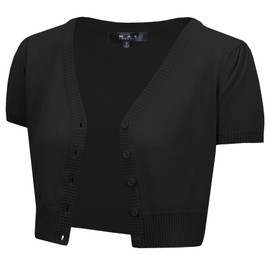 YEMAK Women's Cropped Bolero Cardigan – Short Sleeve V-Neck Basic Classic Casual Button Down Knit Soft Sweater Knitted Top HB2137-BLK-1X Black