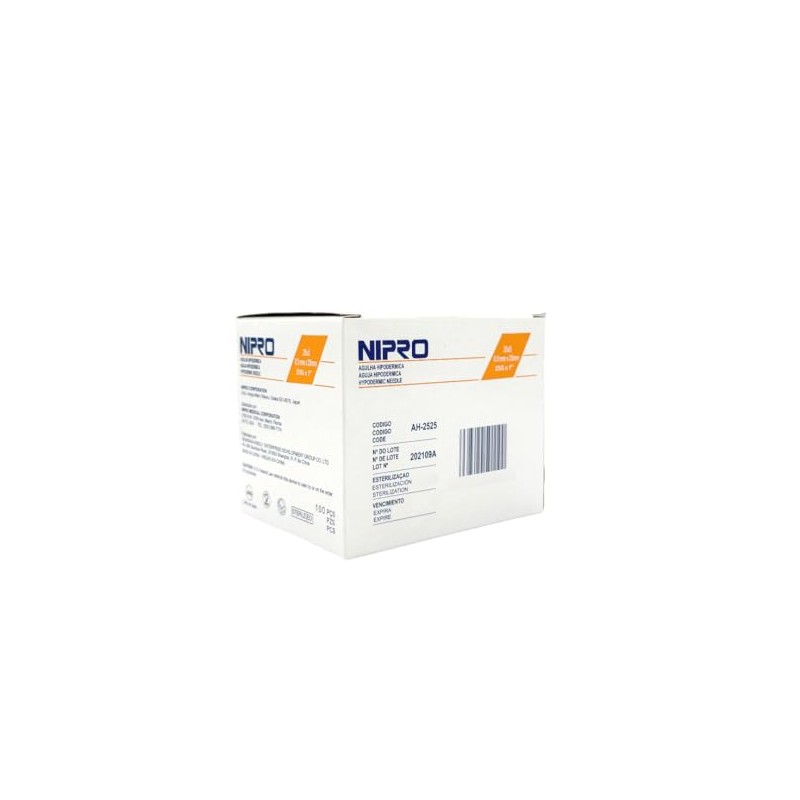 NIPRO Aguja Hipodérmica 25G x 25 mm (1”), Naranja, Estéril