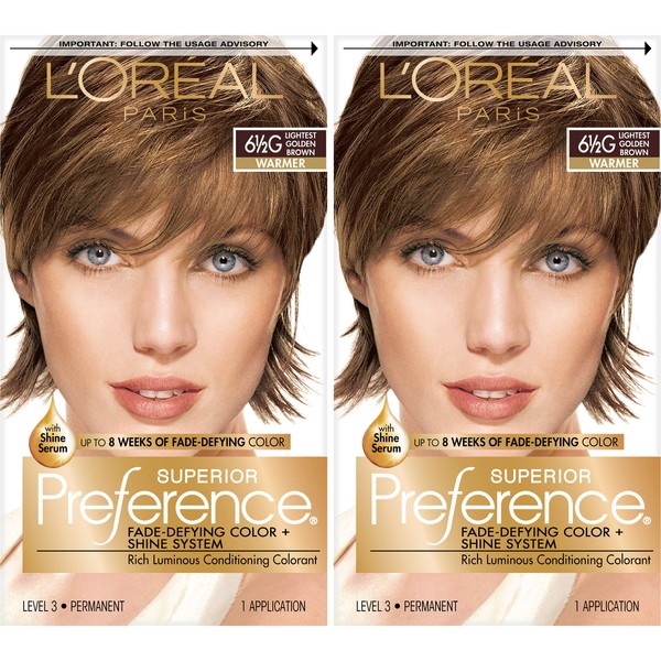 L'Oreal Paris Superior Preference Fade-Defying + Shine Permanent Hair Color, 6.5G Lightest Golden Brown, Pack of 2, Hair Dye