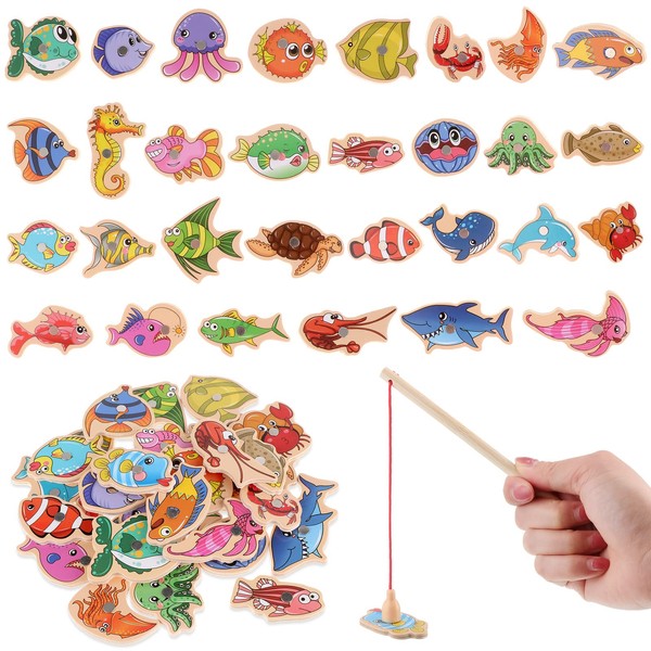 15 Pcs Magnetic Fishing Game Set for Kids Wooden Fish Educational Toys Wood Magnet Fishing Game Ocean Animal Game Magnets Learning Games Magnetic Toy with Fish Rod for Toddles Boy Girl Birthday Party