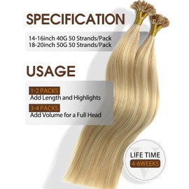 VINBAO U-Tip Bondings Real Hair Extensions, Caramel Blonde Highlights Bleach Blonde, 40 cm, 50 Strands, 40 g, U-Tip Real Hair Extensions, Keratin Remy Real Hair, 16 Inches, U-Tip #27P613