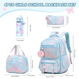 Scothen Backpack for Girls, 4PCS Rainbow Butterfly Girls Backpacks with Lunch Bag 14oz Kids Insulated Water Bottle for Teen Girl Children Students Kindergarten Elementary Middle School Book Bag