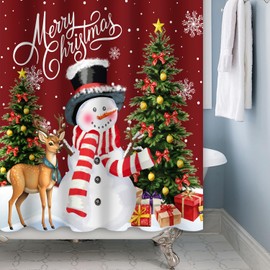 Canessioa Merry Christmas Shower Curtain Cute Snowman Elk Xmas Trees Gift Box Shower Curtains Snowflake New Year Shower Curtain Sets for Bathroom 72x72 in with 12 Hooks