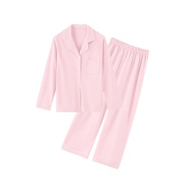 QZH.DUAO 100% Cotton Pajamas Set, Girls PJs Button Down Long Sleeve Sleepwear Nightwear Loungewear, Pink, 9-10 Years
