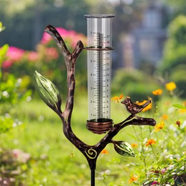 viterlight Rain Gauge Outdoor, Metal Rain Gauge with Stake, 7 Inch Tube Rain Measure Gauge, Decorative Branch Rain Measure Tool for Garden, Lawn, Patio