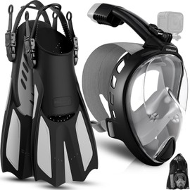 Odoland Snorkeling Packages for Adults & Youth, Full Face Snorkel Mask with Camera Mount, Adjustable Swim Fins, Mesh Bag, Anti-Fog Anti-Leak Scuba Diving Gear for Men & Women, Black M