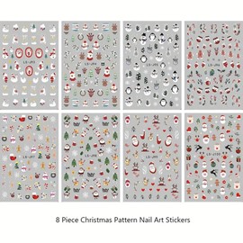 8 Pcs Christmas Nail Art Stickers Decals with Santa, Snowflakes, Reindeer, and Christmas Tree Designs, Matte Finish Cartoon Pattern Self-Adhesive Nail Xmas Winter 3D Nail Stickers for Women Nail Art