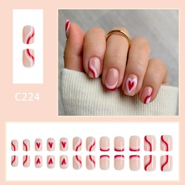 Valentines Heart Press on Nails Short Square Fake Nails with Hot Pink Sweet Love Heart Design Red French Tip Glue on False Nail Valentine Cute Acrylic Artificial Stick on Nail for Women 24Pcs