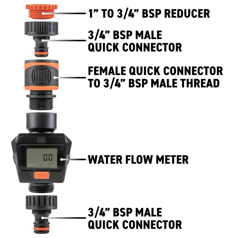 Digital Water Flow Meter with LCD Display, 2-50L/min Range, ¾"