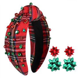 Christmas Headbands for Women Xmas Bow Tree Snowflake Headbands Jeweled Crystal Pearl Knotted Headband Holiday Hair Accessories Party Gifts (Plaid)