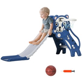 Qaba 3 in 1 Toddler Slide for Indoors, Toy for Toddler, Easy Set Up Baby Slide with Basketball Hoop for Kids 18-36 Months, Blue