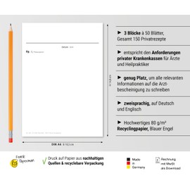 Frank Paperman® | 3 x Blank Private Recipe Pad | 150 Sheets | 3 Pads of 50 Sheets | Private Recipes Blue for Doctors in DIN A6 Format | Doctor Accessories