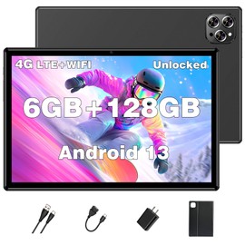 Tablet Android Tablets 10 Inch, Octa-Core Android 13 Unlocked Tablet with SIM Card Slot, 128GB ROM+6GB RAM, 5MP+13MP Camera/5G WIFI GPS/BT/6000mAh/1280*800 IPS Screen/Cellular Tablet with Case (Black)
