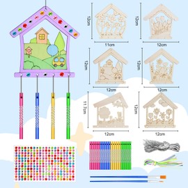 BROVITI 12Pack DIY Greenhouse Wind Chime Kit Make Your Own Birdhouse Wind Chime Wooden Crafts DIY Coloring Sping Horseshoe Craft for Girls Boys for Art School Activity Birthday Party Supplies