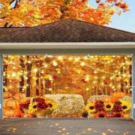 Fall Thanksgiving Garage Door Cover Decorations Backdrop Large 7x16ft 2 Car Autumn Garage Door Banner Maple Forest Pumpkin Haystack Outdoor Fall Garage Decorations Door Cover Fall Party Decor Supplies