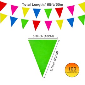 50M 100pcs Bunting Banner Party Decoration, Reusable Waterproof Triangle Flags Bunting, Supply for Birthday Party Indoor Outdoor Wedding Festival Decorations