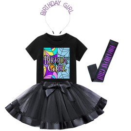 Tutu and Sian Wednesday Gothic Style Birthday Girl Outfit: T-shirt, Tutu Skirt Dress, Birthday Girl Crown and Satin Sash (Spiderweb, 11-12 Years)