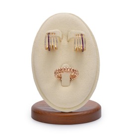 Oirlv Elegant Beige Ring & Earring Stand Wooden Base with Ultra-Fibre Display Holder Compact 7x7x10.5cm Storage Solution