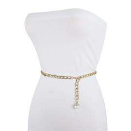 TFJ Women Bridal Style Fashion Skinny Belt Gold Metal Chain Links Pearl Bead Charm Plus Size XL XXL