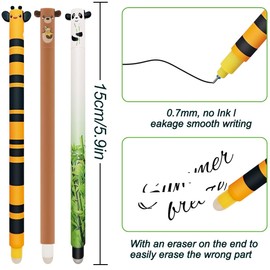 YNOUYRS Erasable Gel Pens - Set of 3 Gel Eraser Pens, Animals of Ink, Multiple Colours, Temperature Sensitive, Tip Diameter 0.7 mm (Bear Bee Panda)