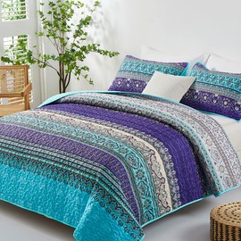 WONGS BEDDING WONGS BEDDING Boho Quilt King Size, Blue Purple Bohemian King Quilt, Lightweight Microfiber Bed Decor Bedspread for All Season 103"x90"(3 Pieces)