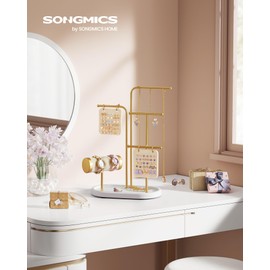 SONGMICS Jewelry Stand, Jewelry Organizer, Jewelry Display Holder with Metal Frame, 2 Earring Boards, 4 Hanging Rods, Necklace Earring Bracelet Holder, for Watches, Metallic Gold UJJS025A01