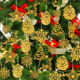 42PCS Gold Snowflake Christmas Tree Decorations, Glitter Snowflake Santa Elk Christmas Hanging Ornaments, Winter Party Christmas Tree Snowflake Decorations