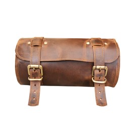 Vintage Genuine Goat Leather Motorcycle Bag, 2 Strap Buckle Closure, Brown Tool Bag, Quick Release, Reinforced for Handlebars, Forks, Leather Bike Bag (Distressed Leather)
