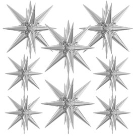 Adeyoo Silver Star Balloons,8Pcs Foil Starburst Balloons Explosion Star Balloons Huge One-Piece 14-Pointed Spike Balloons 4D Mylar Balloons for Christmas New Year Eve Birthday Party Decorations