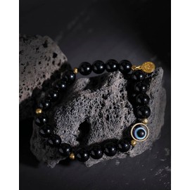 Wizock 8mm Obsidian Beaded Evil Eye Bracelets Stretch Bring Luck Protection Prosperity Amulet Bracelet for Women and Men Wealth Jewelry Gifts