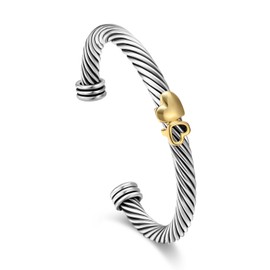 HANTNOOL Gold and Silver Cuff Bracelets for Women Two Tone Cable Heart & Letter Designer Dupes Bracelet Mixed Metal Jewelry for Her (Cuff-Heart)