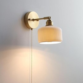 DWEIHDV Pull Chain Wall Sconce Ceramic Wall Light Fixture Vintage Wall Sconces with Pull Chain Switch Brushed Gold Brass Wall Lights Fixtures Retro White Striped Ceramic Sconce for Kitchen Sink