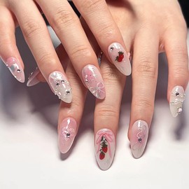Medium Press on Nails Almond Fake Nails with Bow Heart Strawberry Design Ombre Pink False Nails Summer Full Cover Glue on Nails Cute Glue on Nails for Women Manicure 24Pcs