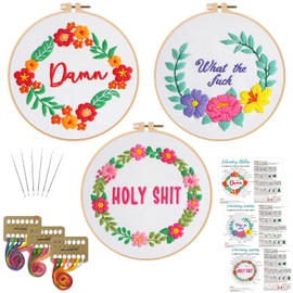 Louise Maelys 3 Sets Funny Embroidery Kits for Beginners,Cross Stitch Kit for Adults,DIY Needlepoint for Starters Including Wreath Flower Pattern, Hoop,Instruction and Threads