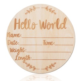 AIEX Wooden Baby Announcement Sign, 5.9 Inch Round New Baby Sign Hello World Newborn Welcome Sign for Hospital Photo Prop Baby Shower New Parents (Style 2)