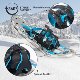 G2 36 Inches Light Weight Snowshoes with Toe Box, EVA Padded Ratchet Binding, Heel Lift, Flexible Pivot Bar, Durable Back Strap, Set with Trekking Poles, Carrying Bag, Snow Baskets, Blue