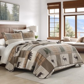 PERHOM Quilt King Size, 100% Cotton King Size Quilt, Lodge Cabin Farmhouse King Quilt, Brown Beige Green Plaid Lightweight Soft Quilted Bedspread Sets for All Season, 3 Pieces