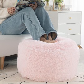 HOMBYS Unstuffed Ottoman Pouf Cover,Round Faux Fur Foot Stool, 20"x20"x12" Fuzzy Chair, Floor Bean Bag(No Filler),Foot Rest with Storage for Living Room, Bedroom, Office, Pink Cover ONLY