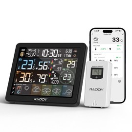 Raddy N80 Smart Wi-Fi Weather Station with App Control, Wireless Weather Station with Outdoor Sensor, 8 Inch Large Colour Display, Sunrise/Sunset Times, PM2.5/AQI, UV Index, 4 Alarm Clocks