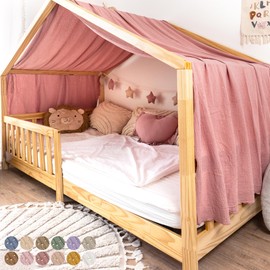 lilimaus House Bed Canopy, Made of 100% Cotton Muslin, Handmade, Fabric Bed Decoration, Girls and Boys, Children, Bed Curtain for Children's Bed, Dusky Pink