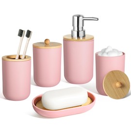 ALPIRIRAL Pink Bathroom Accessories Set 5 Pcs, Plastic Pink Bathroom Decor, Soap Dispenser and Toothbrush Holder Set, Soap Dish, Cotton Swab Jar, Pink Bathroom Set, Boho Bathroom Organizer Accessory