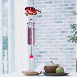 Evealyn Outdoor Red Cardinal Bird Wind Chimes, Indoor Stained Glass Metal Tubes Music Beautiful Windchimes Hanging for Room,Balcony,Window, Garden,Yard, Patio,Lawn Creative Home Decoration (Red)