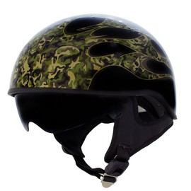 Milwaukee Leather Hot Leathers HLD1047 Gloss Black 'Camo Skull Flames' Advanced DOT Skull Half Helmet with Drop Down Tinted Visor - X-Large