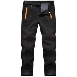 TBMPOY Men's Work Hiking Pants Softshell Waterproof Fleece Lined Insulated Athletic Mountain Pants with Belt (Black US S)