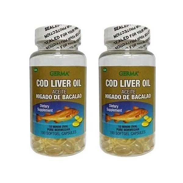 Aceite De Higado De Bacalao Capsules 2 x 100's (200 softgels Total) Pure Norwegian Cod Liver Oil GERMA 2-Pack