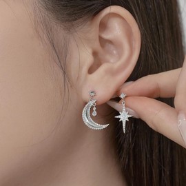 Moon Star earrings 925 Sterling Silver Celestial Moon Star Earrings Jewelry for women, Sterling Silver, No Gemstone
