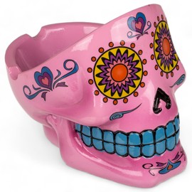 MIJOMA Sugar Skull Ashtray - Decorative Skull Ashtray in Mexican Calaveras Style - Hand-Painted Polyresin Decorative Souvenir for Smokers (Pink)