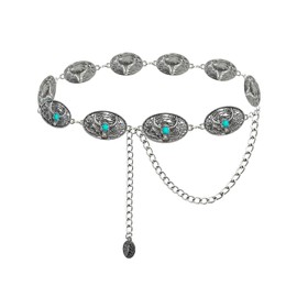 BEMYLV Cowgirl Belts for Women Western Silver Turquoise Concho Belt Cowboy Longhorn Metal Chain Belt for Dresses Jean Country Concert Outfit