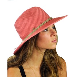 NYFASHION101 Teardrop Dent Braided Trim Casual Panama Fedora Sun Hat, Coral