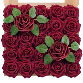 AWCCXMYM 25Pcs Dark Red Roses Artificial Flowers Foam Fake Flowers Real Looking Silk Roses for Dream Wedding Flowers Bridal Shower Party Tables Home Decoration DIY Plant Art